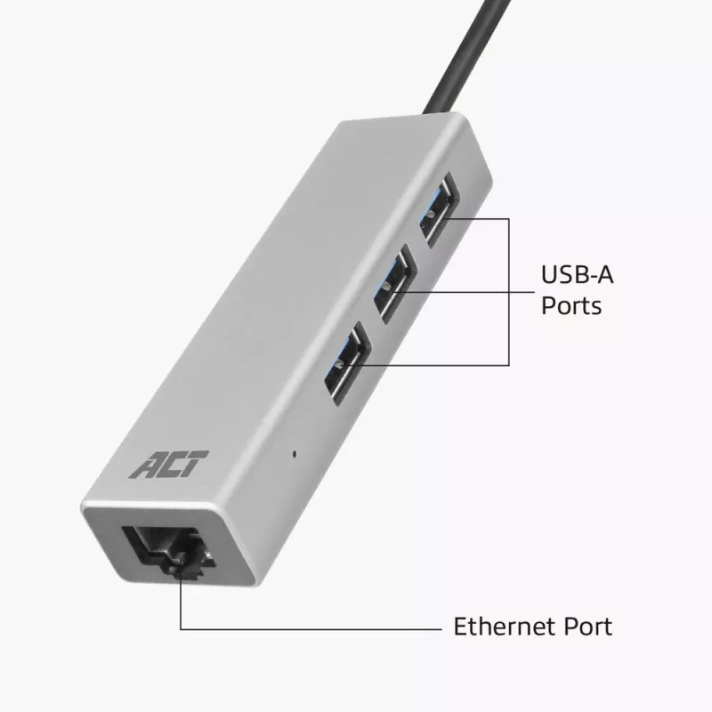 USB-C šakotuvas ACT AC7055 3x USB-A Gigabit Ethernet