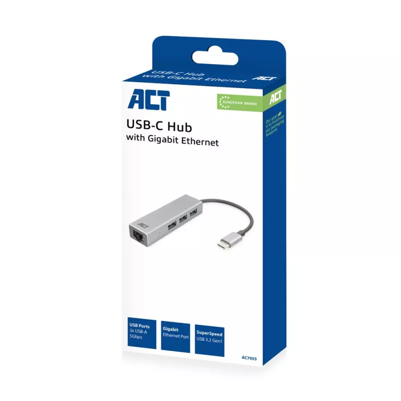 USB-C šakotuvas ACT AC7055 3x USB-A Gigabit Ethernet
