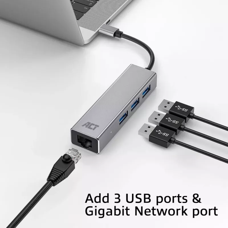 USB-C šakotuvas ACT AC7055 3x USB-A Gigabit Ethernet