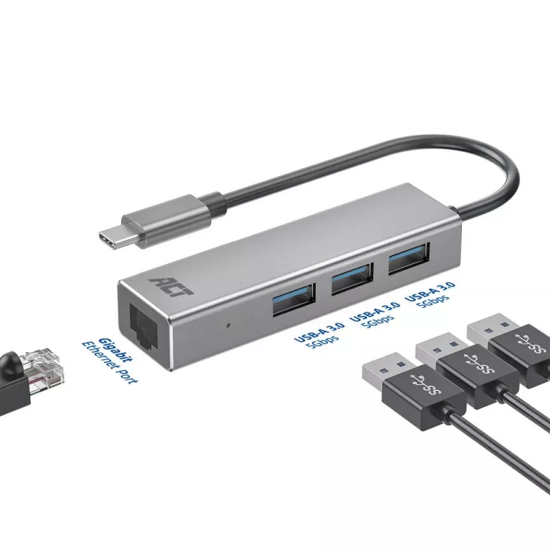 USB-C šakotuvas ACT AC7055 3x USB-A Gigabit Ethernet