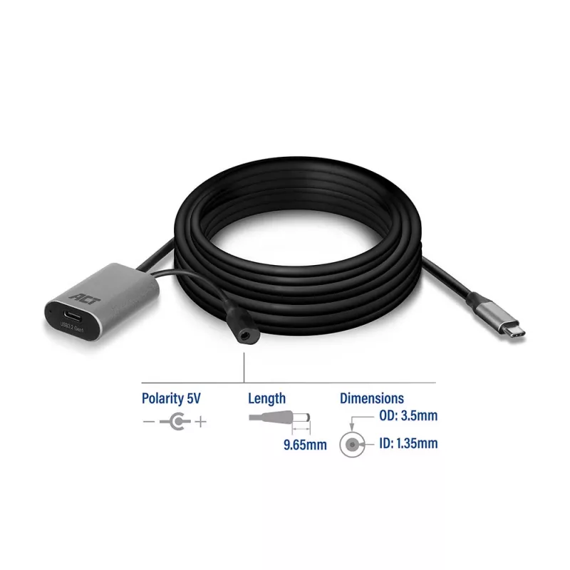 ACT USB-C 3.0 ilginamasis signalo stiprintuvo kabelis, 5 metrai, 5 m, USB C, USB C, USB 3.2 Gen 1 (3.1 Gen 1), 5 Gbit/s, juoda