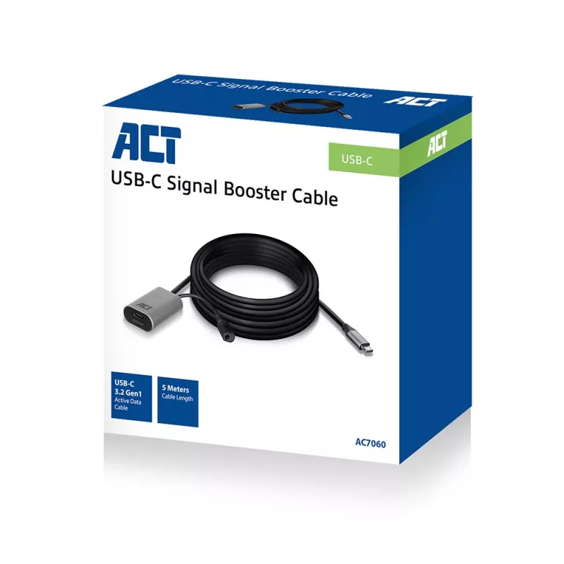 ACT USB-C 3.0 ilginamasis signalo stiprintuvo kabelis, 5 metrai, 5 m, USB C, USB C, USB 3.2 Gen 1 (3.1 Gen 1), 5 Gbit/s, juoda