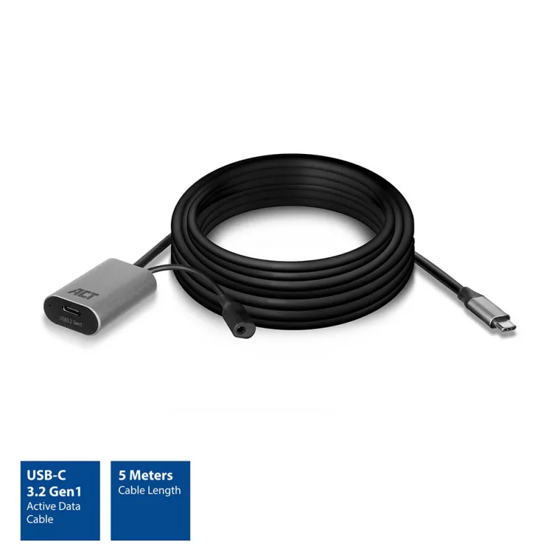 ACT USB-C 3.0 ilginamasis signalo stiprintuvo kabelis, 5 metrai, 5 m, USB C, USB C, USB 3.2 Gen 1 (3.1 Gen 1), 5 Gbit/s, juoda
