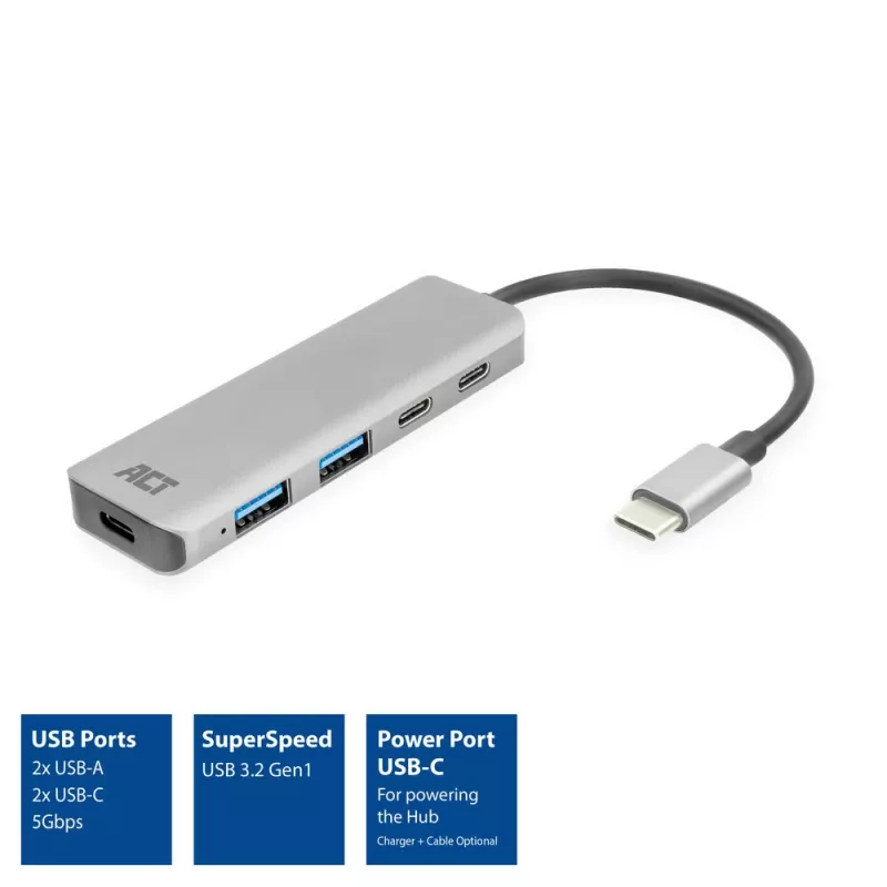 ACT AC7072 USB 3.2 Gen 1 Type-C šakotuvas 5000 Mbit/s juodas pilkas