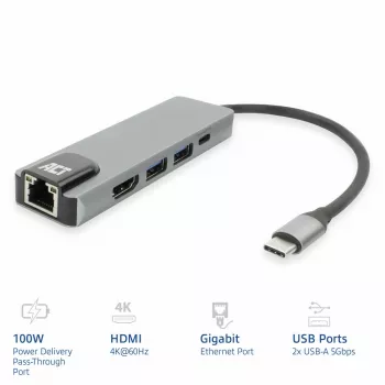 ACT USB-C 4K dokavimo stotelė, skirta 1 HDMI monitoriui, eternetui, USB-A, PD perdavimui