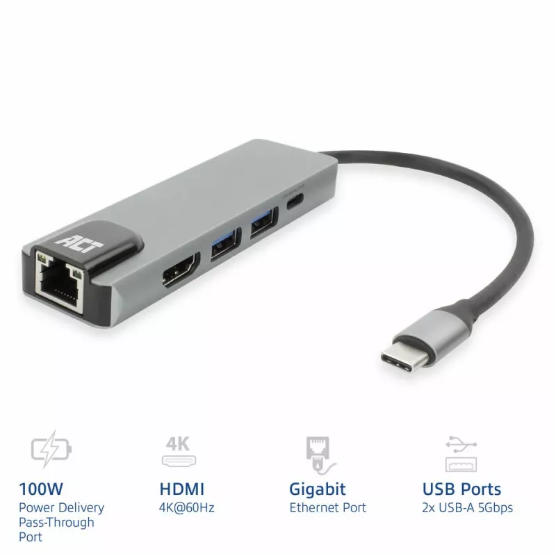 ACT USB-C 4K dokavimo stotelė, skirta 1 HDMI monitoriui, eternetui, USB-A, PD perdavimui
