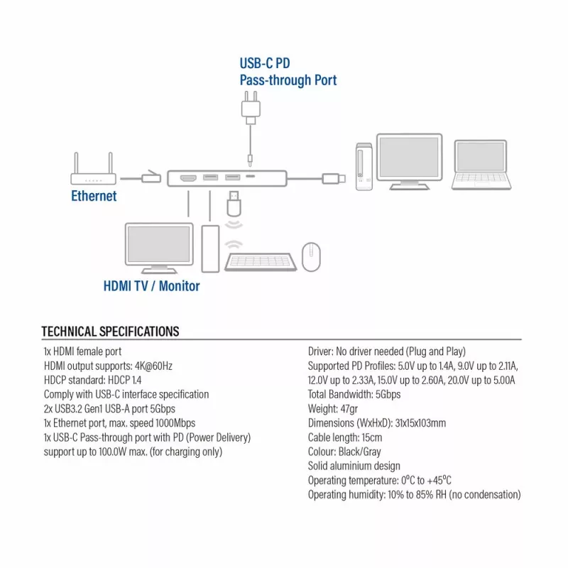 ACT USB-C 4K dokavimo stotelė, skirta 1 HDMI monitoriui, eternetui, USB-A, PD perdavimui