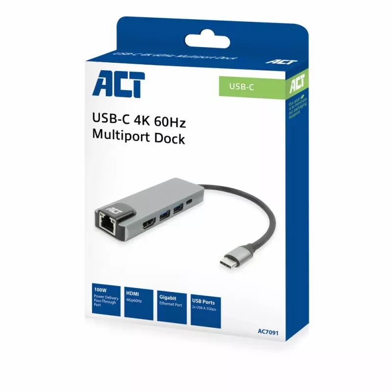 ACT USB-C 4K dokavimo stotelė, skirta 1 HDMI monitoriui, eternetui, USB-A, PD perdavimui