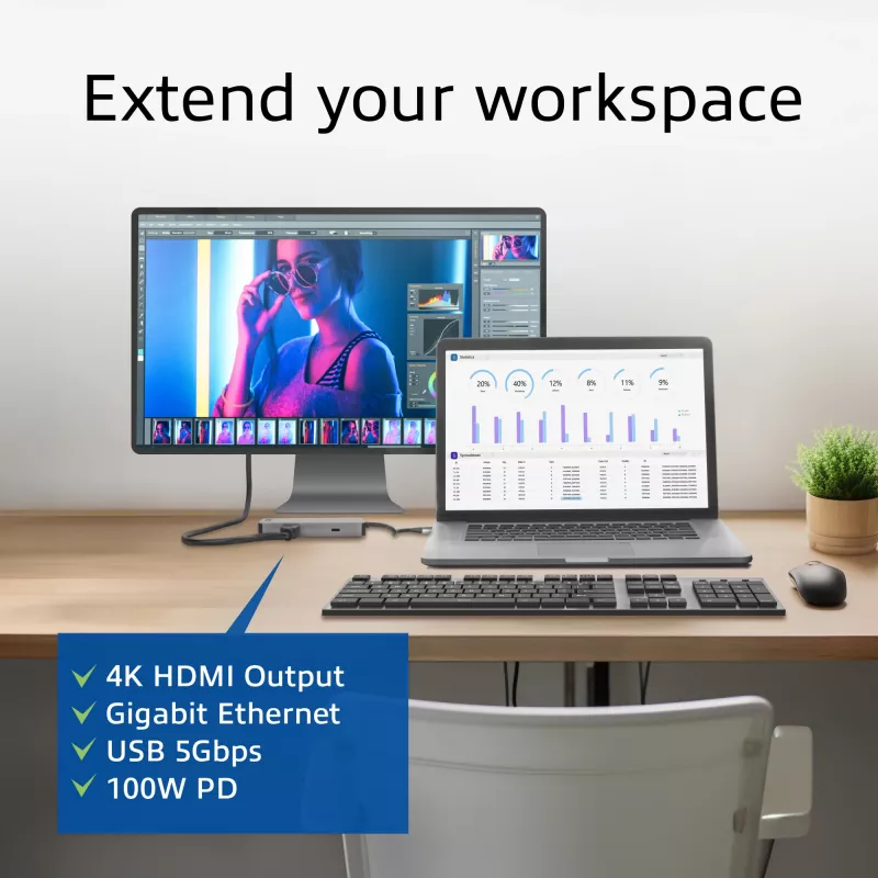 ACT USB-C 4K prijungimo stotelė 1 HDMI monitoriui, Ethernet, USB-C, USB-A, kortelių skaitytuvas ir PD pralaidumas