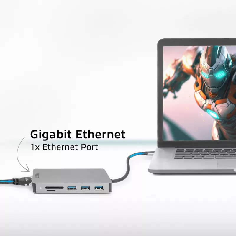 ACT USB-C 4K prijungimo stotelė 1 HDMI monitoriui, Ethernet, USB-C, USB-A, kortelių skaitytuvas ir PD pralaidumas
