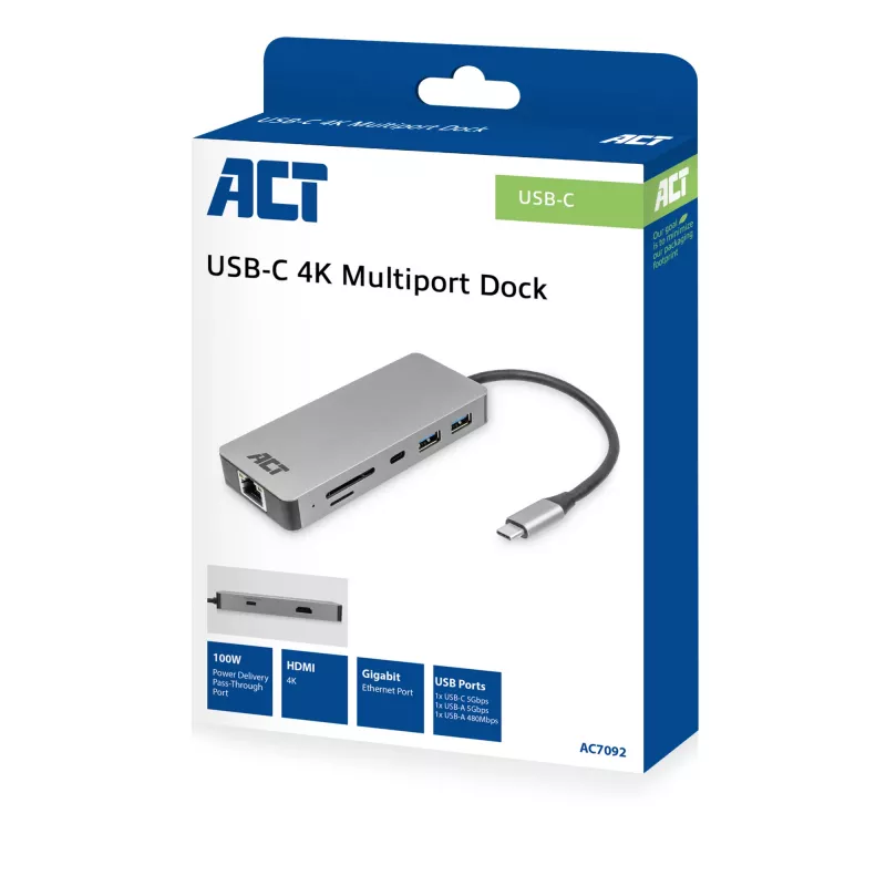 ACT USB-C 4K prijungimo stotelė 1 HDMI monitoriui, Ethernet, USB-C, USB-A, kortelių skaitytuvas ir PD pralaidumas