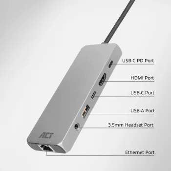 ACT USB-C 4K / 8K 30Hz dokavimo stotelė 1 HDMI monitoriui, 2.5 Gigabit eternetas, USB-C 10Gbps, USB-A 10Gbps, 3.5mm garsas, PD perdavimas