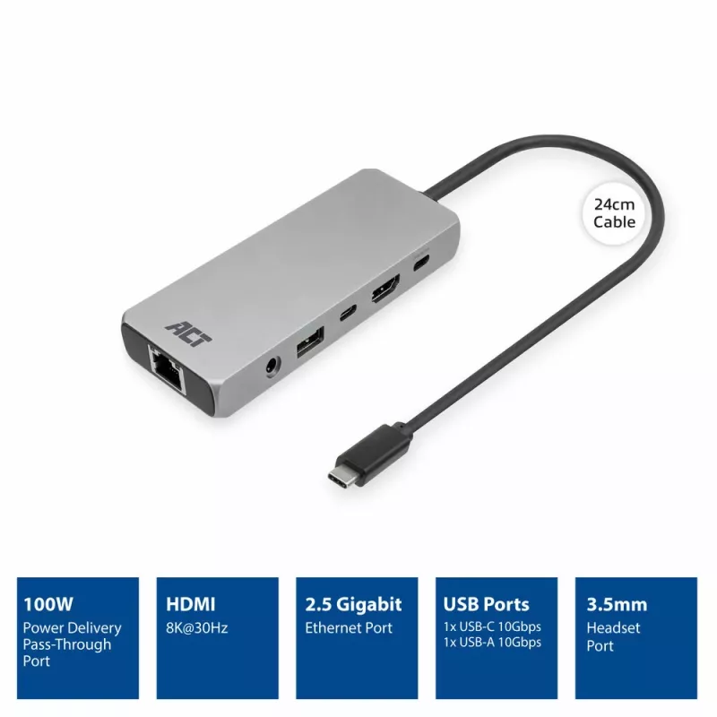 ACT USB-C 4K / 8K 30Hz dokavimo stotelė 1 HDMI monitoriui, 2.5 Gigabit eternetas, USB-C 10Gbps, USB-A 10Gbps, 3.5mm garsas, PD perdavimas