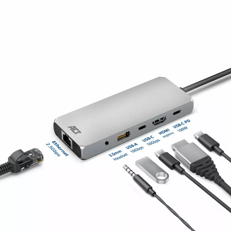 ACT USB-C 4K / 8K 30Hz dokavimo stotelė 1 HDMI monitoriui, 2.5 Gigabit eternetas, USB-C 10Gbps, USB-A 10Gbps, 3.5mm garsas, PD perdavimas