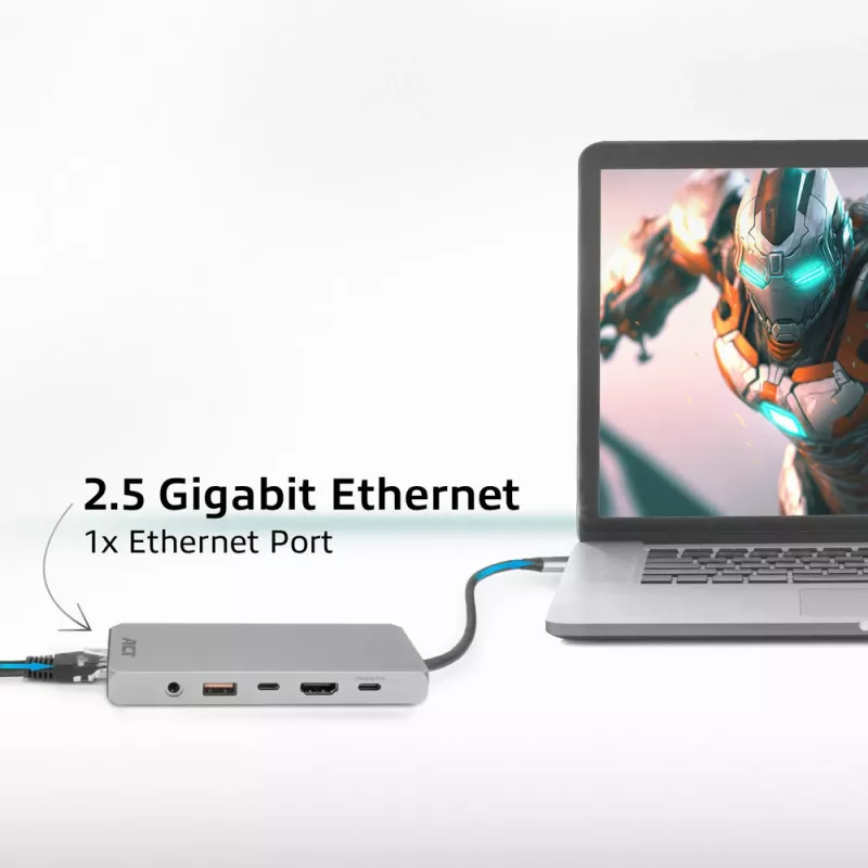 ACT USB-C 4K / 8K 30Hz dokavimo stotelė 1 HDMI monitoriui, 2.5 Gigabit eternetas, USB-C 10Gbps, USB-A 10Gbps, 3.5mm garsas, PD perdavimas