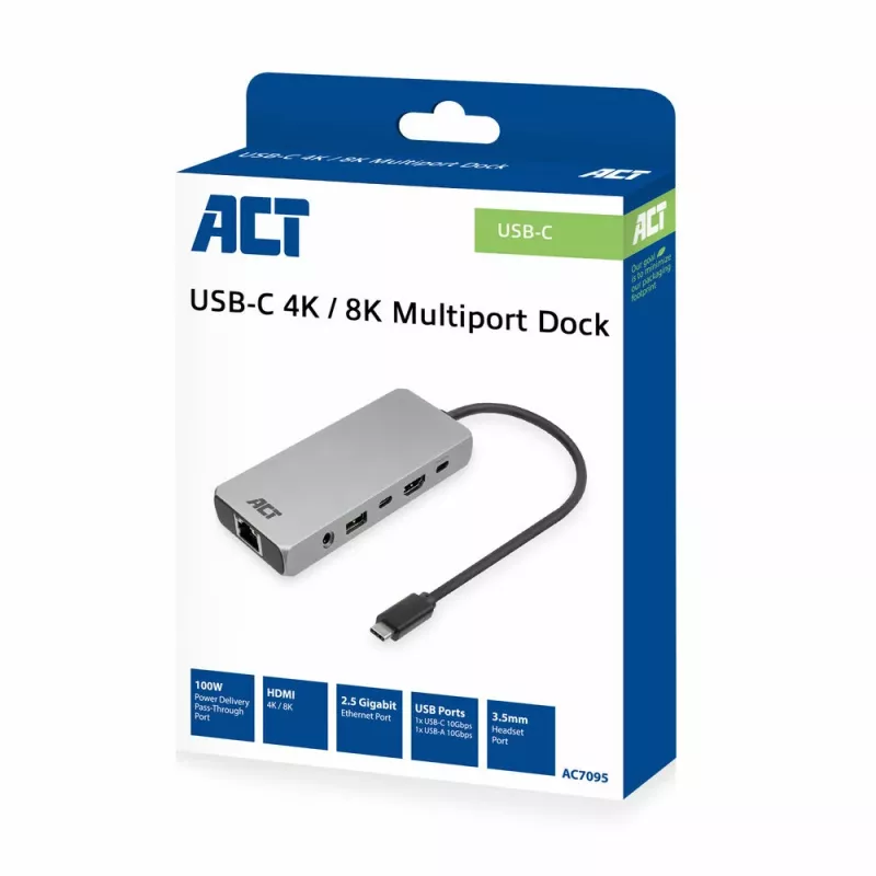 ACT USB-C 4K / 8K 30Hz dokavimo stotelė 1 HDMI monitoriui, 2.5 Gigabit eternetas, USB-C 10Gbps, USB-A 10Gbps, 3.5mm garsas, PD perdavimas