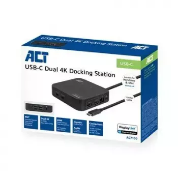 ACT universali USB-C dokų stotelė 4K, skirta 2 HDMI/DisplayPort monitoriams, DisplayLink, kompaktiškas dizainas