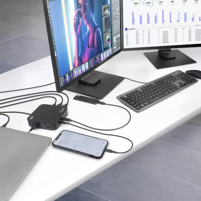 ACT universali USB-C dokų stotelė 4K, skirta 2 HDMI/DisplayPort monitoriams, DisplayLink, kompaktiškas dizainas