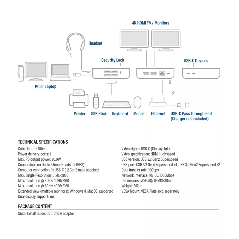 ACT universali USB-C dokų stotelė 4K, skirta 2 HDMI/DisplayPort monitoriams, DisplayLink, kompaktiškas dizainas