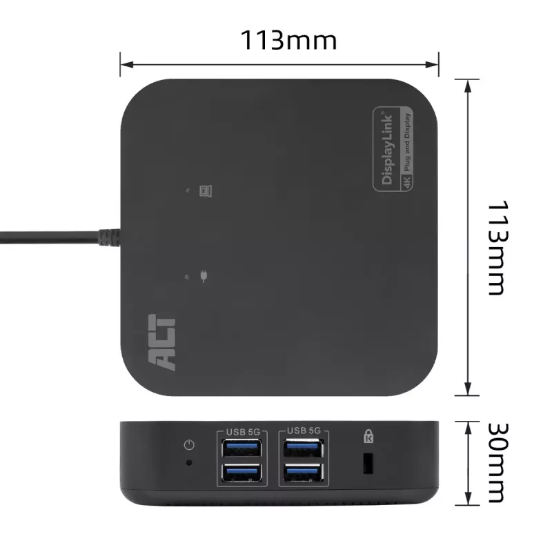 ACT universali USB-C dokų stotelė 4K, skirta 2 HDMI/DisplayPort monitoriams, DisplayLink, kompaktiškas dizainas