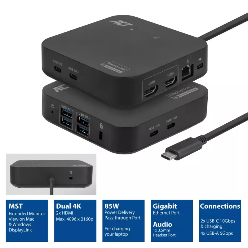 ACT universali USB-C dokų stotelė 4K, skirta 2 HDMI/DisplayPort monitoriams, DisplayLink, kompaktiškas dizainas
