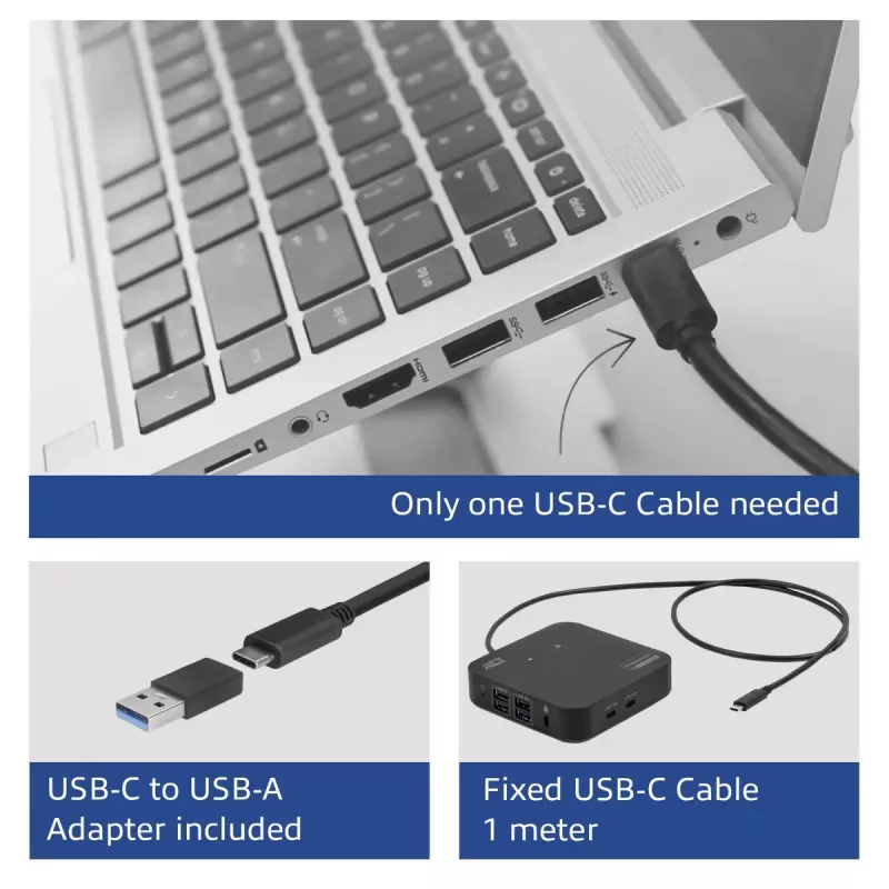 ACT universali USB-C dokų stotelė 4K, skirta 2 HDMI/DisplayPort monitoriams, DisplayLink, kompaktiškas dizainas