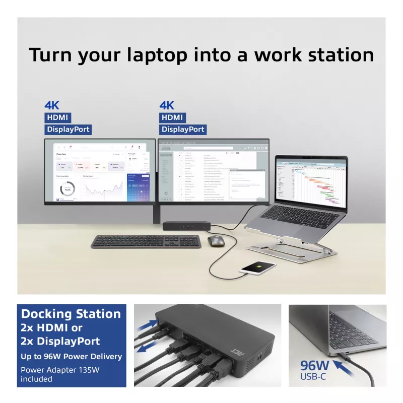 ACT USB-C dokavimo stotelė 4K, skirta 2 HDMI arba DisplayPort monitoriams, DisplayLink