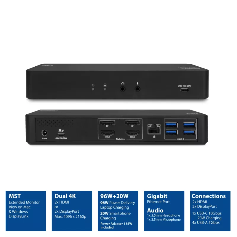 ACT USB-C dokavimo stotelė 4K, skirta 2 HDMI arba DisplayPort monitoriams, DisplayLink