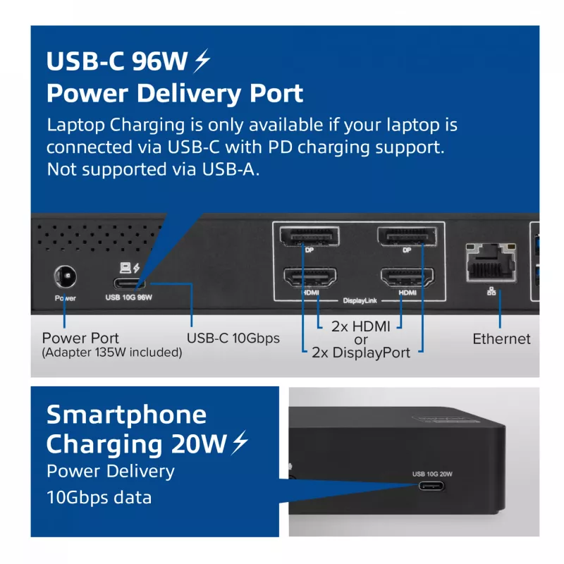 ACT USB-C dokavimo stotelė 4K, skirta 2 HDMI arba DisplayPort monitoriams, DisplayLink