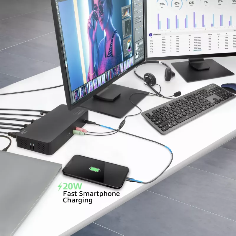 ACT USB-C dokavimo stotelė 4K, skirta 2 HDMI arba DisplayPort monitoriams, DisplayLink