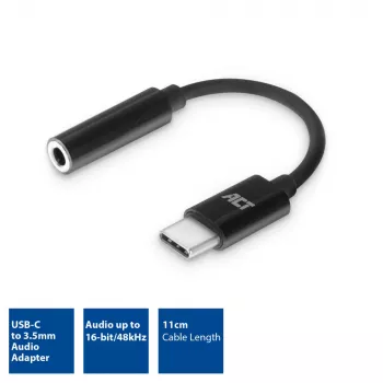 Garso kabelis ACT AC7380 0,11 m 3,5 mm lizdas USB Type-C kištukas juodas