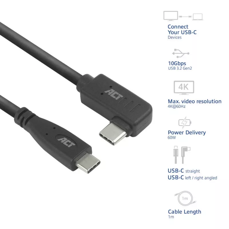 ACT USB 3.0 kampinis kabelis USB-C 1 metras 5 Gbit/s juodas