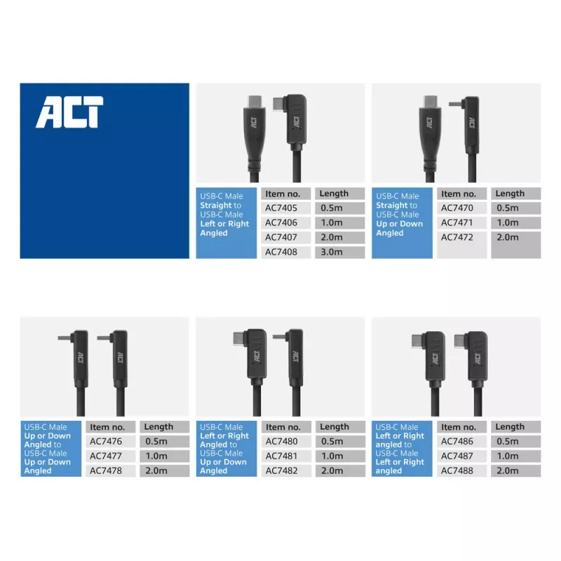 ACT USB 3.0 kampinis kabelis USB-C 1 metras 5 Gbit/s juodas