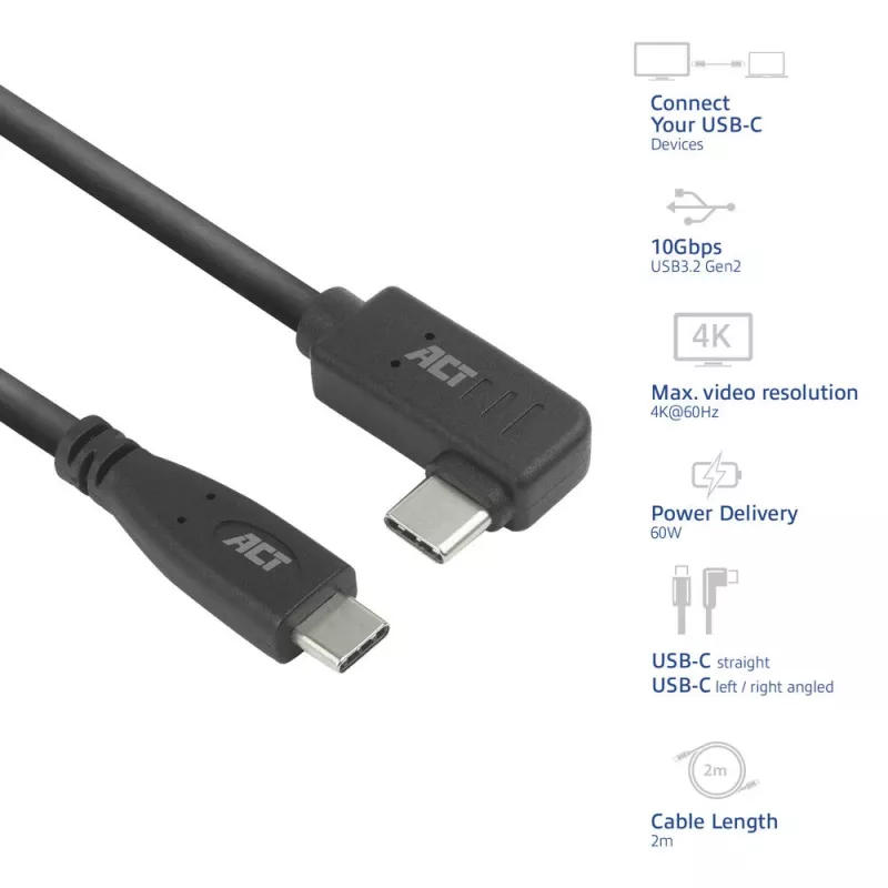 ACT USB 3.0 kampinis kabelis USB-C 2 metrai 5 Gbit/s Juoda