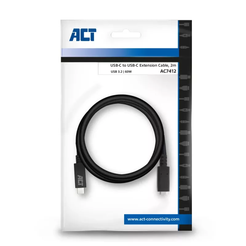 ACT USB 3.0 ilginimo laidas USB-C 2 metrai 5 Gbit/s Juodas