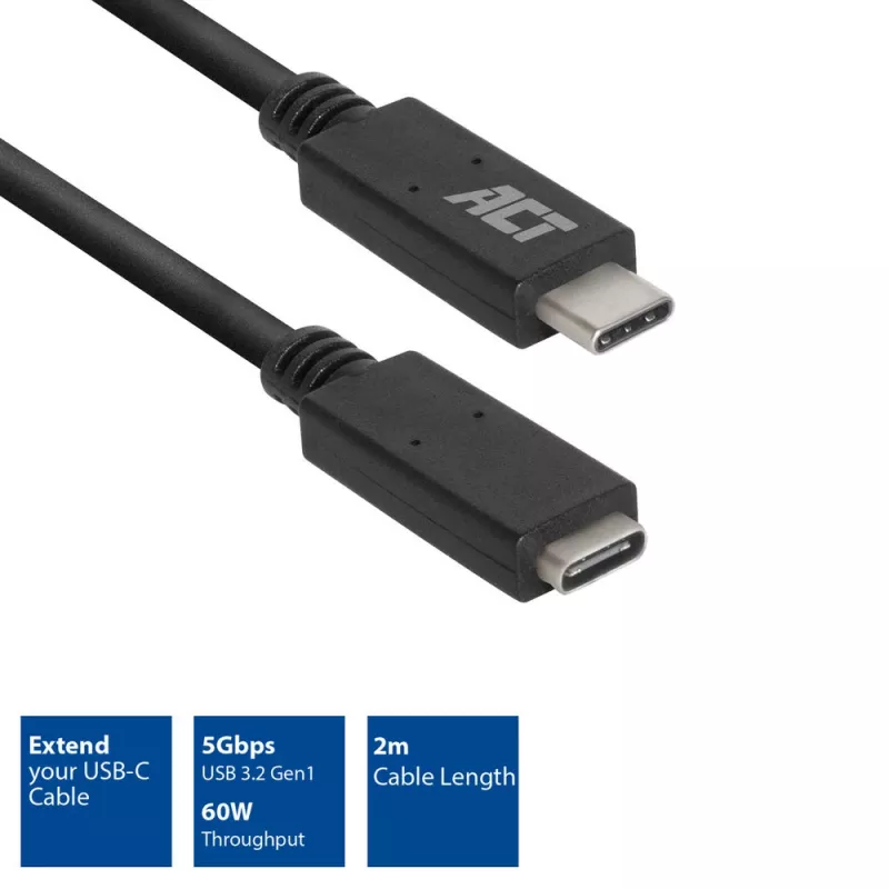 ACT USB 3.0 ilginimo laidas USB-C 2 metrai 5 Gbit/s Juodas