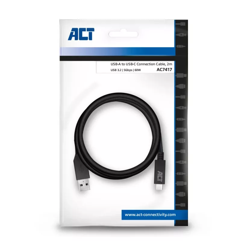 ACT USB 3.0 laidas USB-A į USB-C 2 metrai 5 Gbit/s Juodas