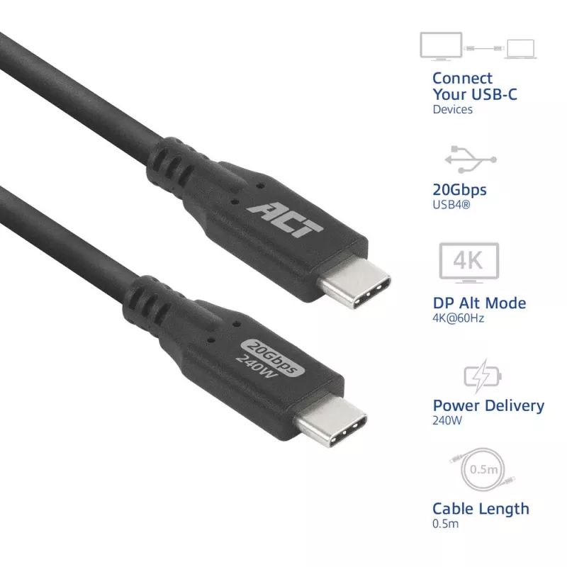 ACT USB4 20Gbps 240W USB Type-C kabelis 0,5 m juodas