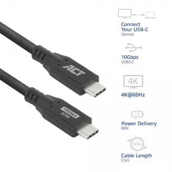 ACT USB 3.0 10Gbps 60W USB Type-C laidas 0,5 m juodas