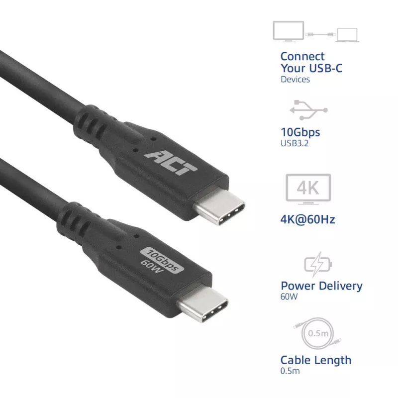 ACT USB 3.0 10Gbps 60W USB Type-C laidas 0,5 m juodas