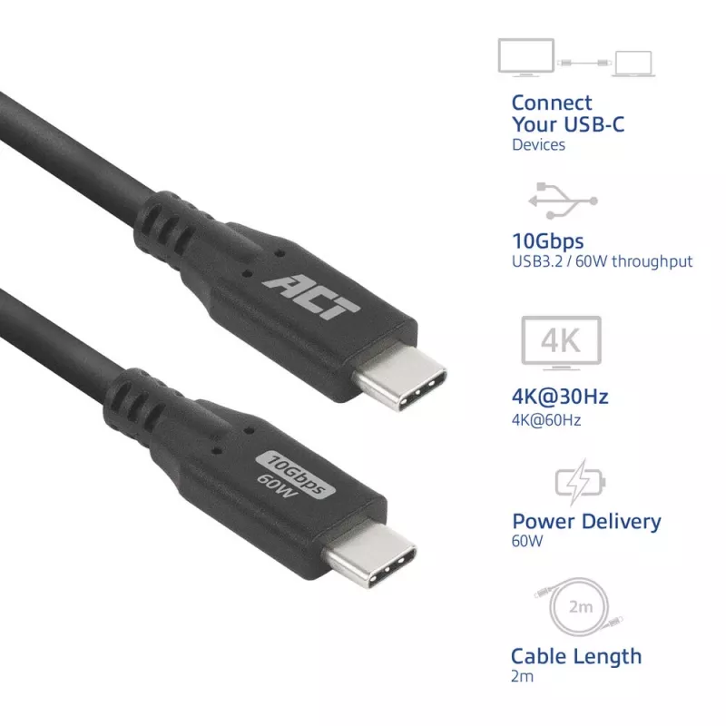 USB Type-C laidas ACT AC7442 2m 10Gbps 60W juodas