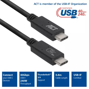 ACT USB4® 40Gbps 240W USB Type-C® laidas, USB-IF sertifikuotas, 0,8 metro