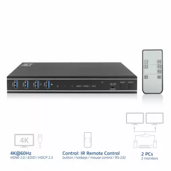 ACT 2 prievadų dvigubas HDMI 4K@60Hz KVM jungiklis, USB 3.2 Gen1 (USB 3.0)