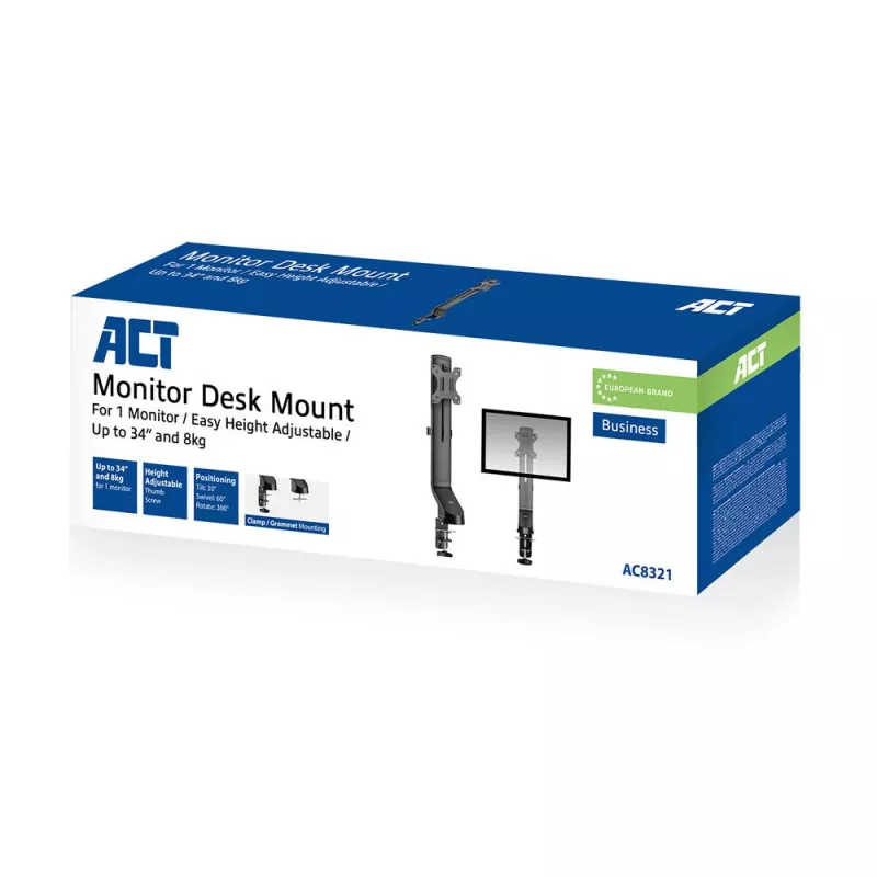 ACT Vieno monitoriaus rankena, biuro, greitas aukščio reguliavimas, spaustuvinis/varžtinis tvirtinimas, 8 kg