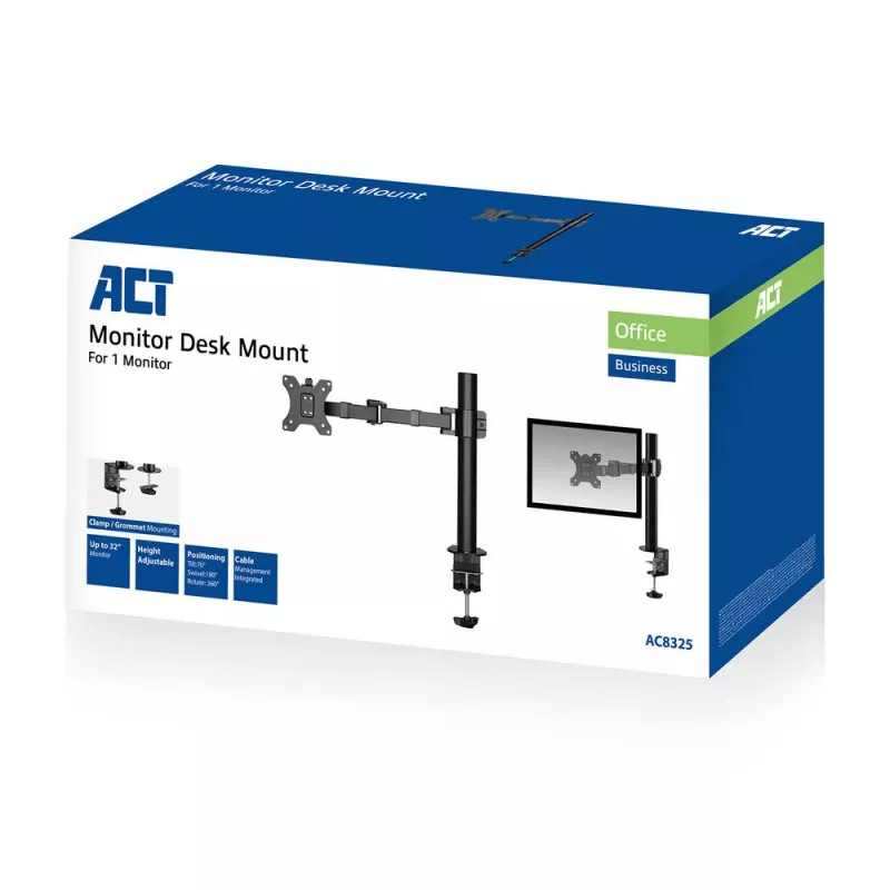 ACT vieno monitoriaus laikiklis biuro profesionalui, spaustuvas / varžtinis, 12 kg, 10–32 col.