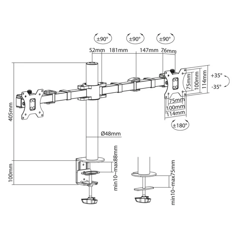 ACT Dviejų monitorių laikiklis biurui solid pro Spaustuvas / Varžtinis tvirtinimas 12 kg 10-32 col.