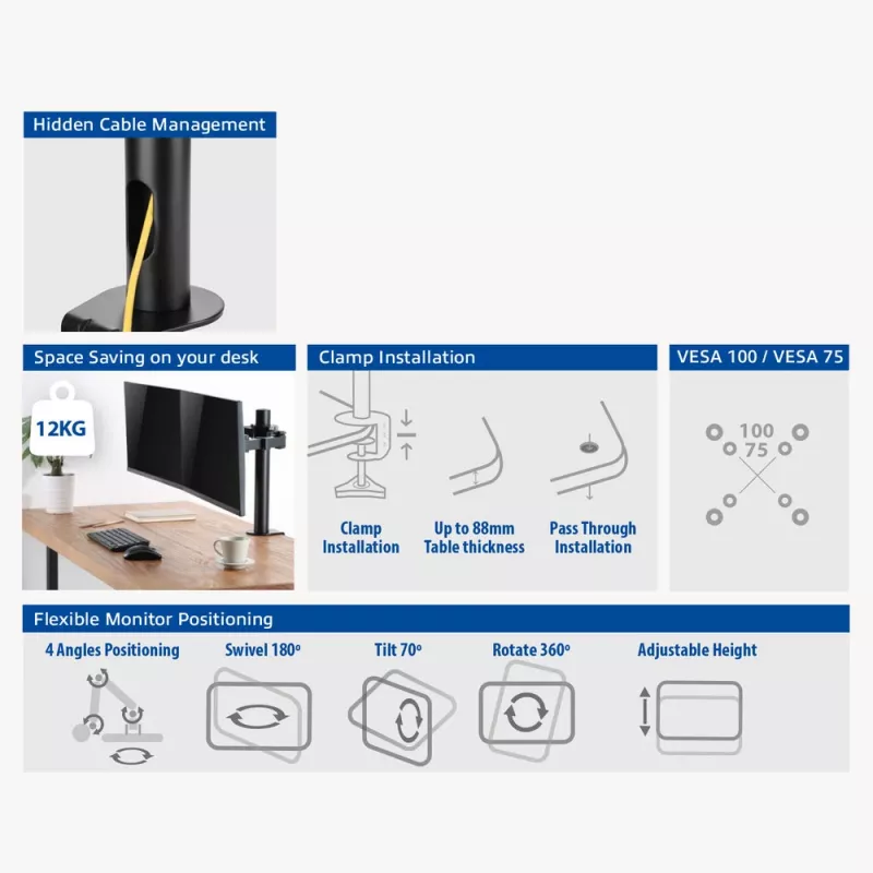 ACT Dviejų monitorių laikiklis biurui solid pro Spaustuvas / Varžtinis tvirtinimas 12 kg 10-32 col.