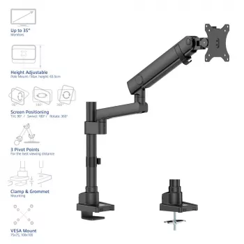 ACT Vieno monitoriaus laikiklis biurui Solid Pro su mechanine spyruokle, 12 kg talpa