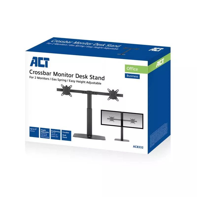 ACT monitoriaus stovas 27 inch biurui, laisvai stovintis su dujine spyruokle, skersiniu, 2 monitoriams