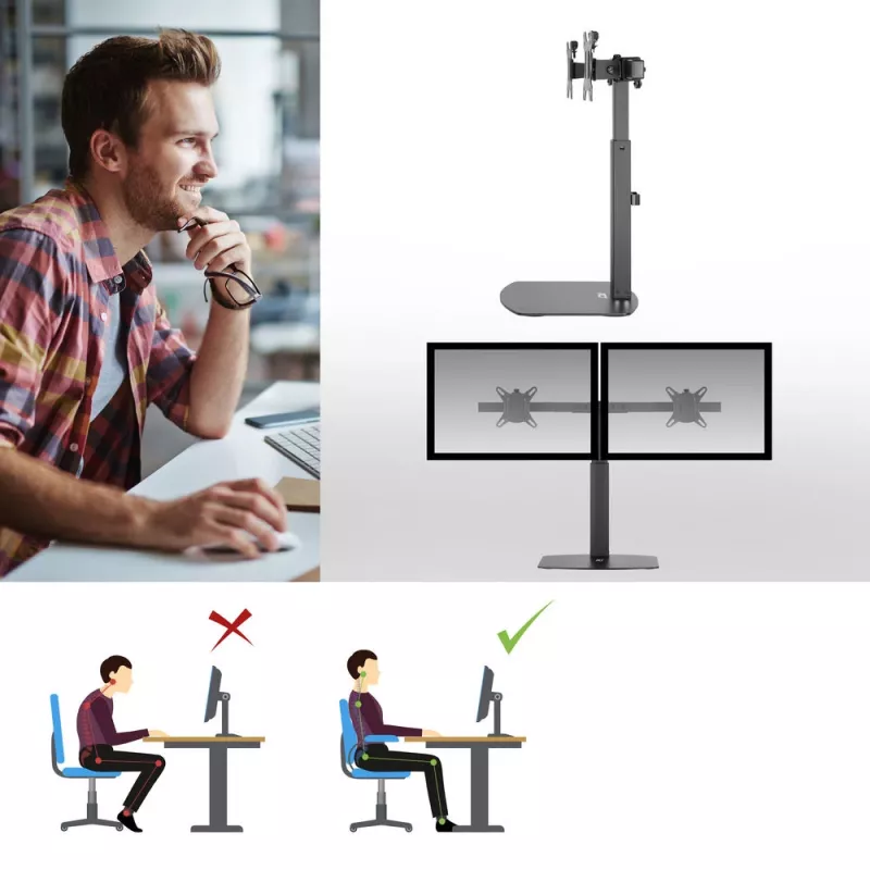 ACT monitoriaus stovas 27 inch biurui, laisvai stovintis su dujine spyruokle, skersiniu, 2 monitoriams